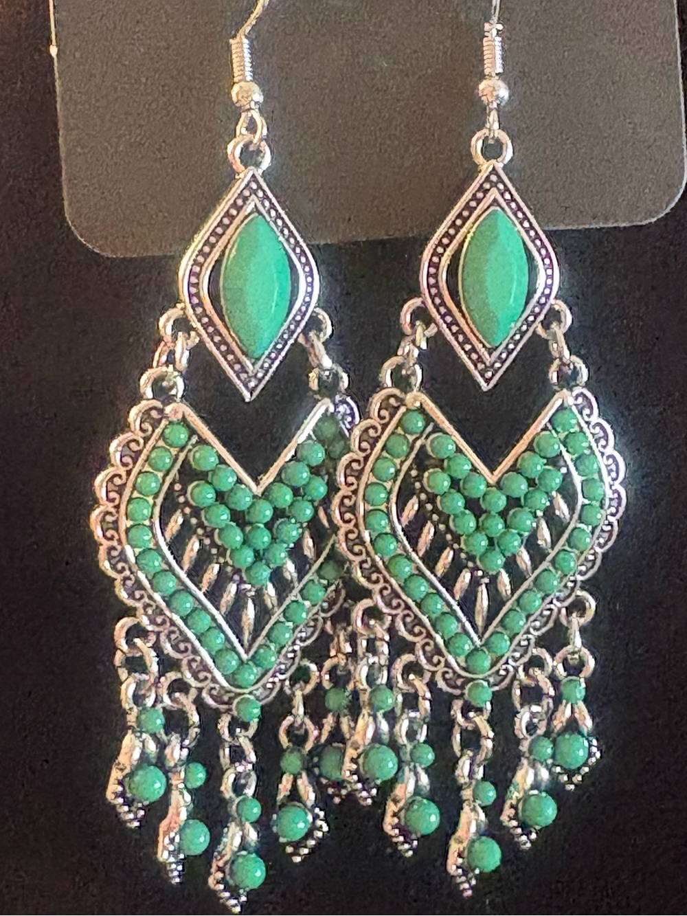 Bohemian Green Teardrop Dangle Earrings - Silver Tone